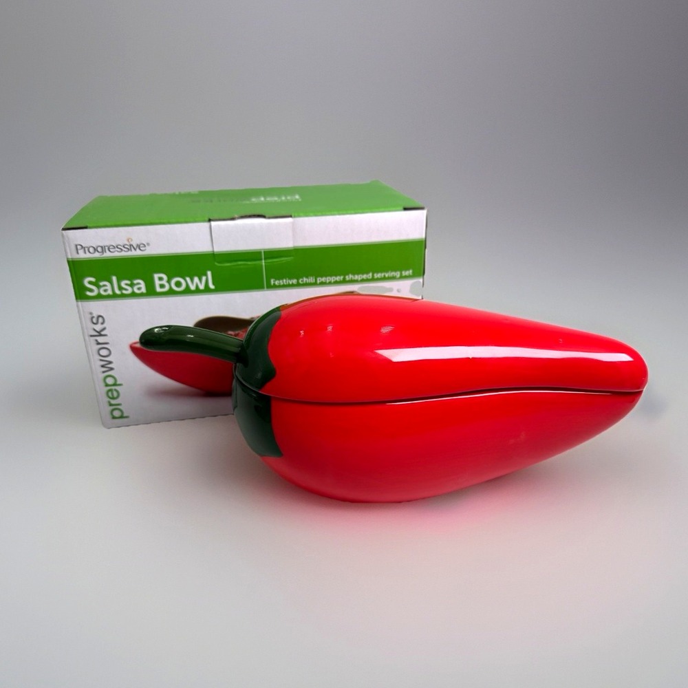 Progressive Prepworks Salsa Bowl Red Chili Pepper Ceramic Serving Set Fiesta NIB